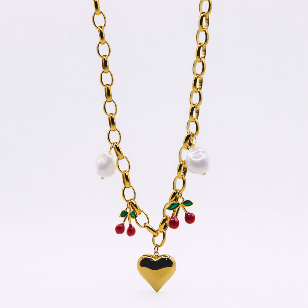 Kaleidoscope stack gold chain with pearl and cherry charms — pre-set layered necklace by STXCKD