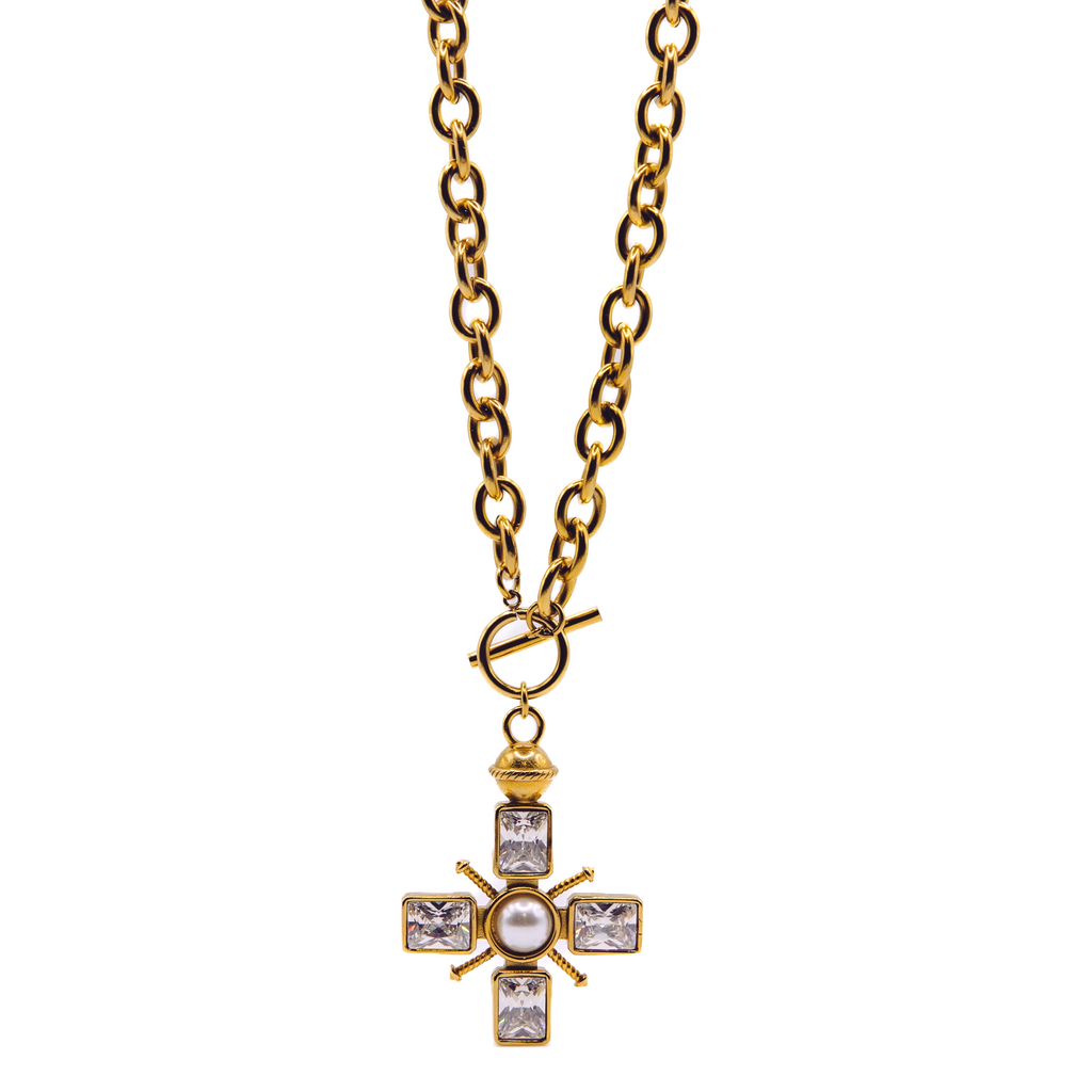 Kaleidoscope stack gold toggle chain with cross pendant — pre-set bold necklace by STXCKD
