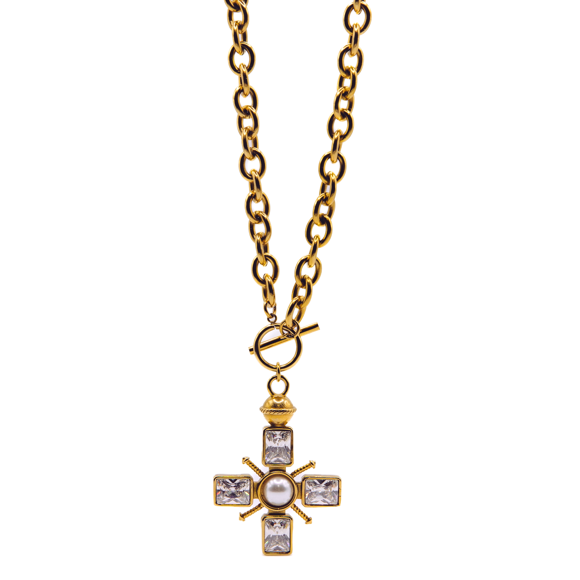 Kaleidoscope stack gold toggle chain with cross pendant — pre-set bold necklace by STXCKD
