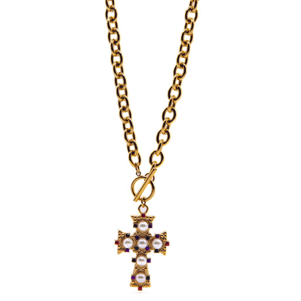 Luminary stack gold toggle chain with ornate pearl and gem cross pendant — pre-set necklace by STXCKD